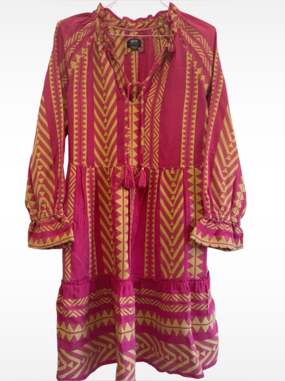 Anthropologie Maeve Pink & Yellow Patterned Tassel Dress